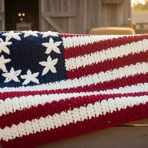 Patriotic Red, White & Blue Crochet Throw Blanket - Home Holiday